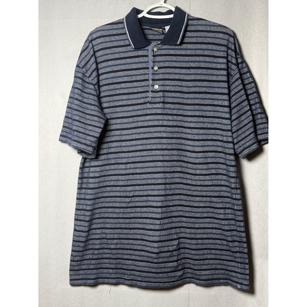 Bugle Boy Mens XL Polo Shirt Navy Blue White Striped Short Sleeve Cotton Vintage
